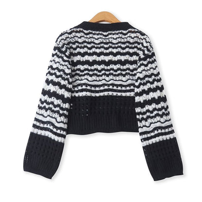 Wavy Striped Pointelle Crew Neck Sweater