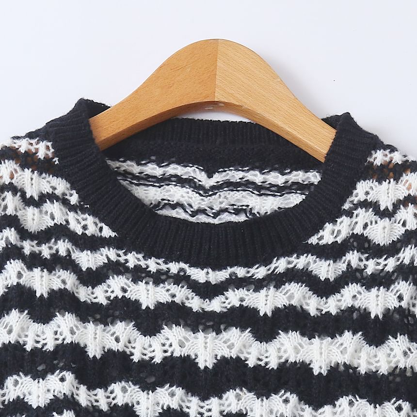 Wavy Striped Pointelle Crew Neck Sweater