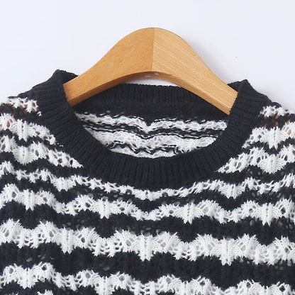 Wavy Striped Pointelle Crew Neck Sweater