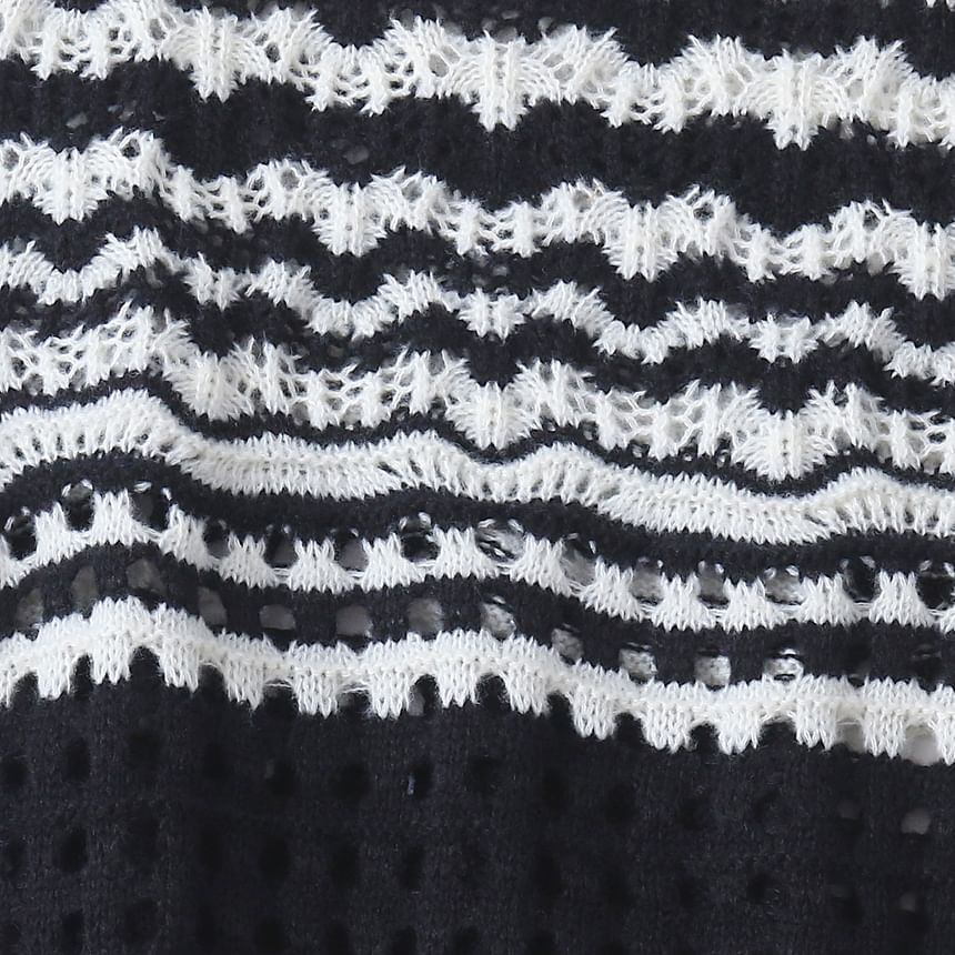Wavy Striped Pointelle Crew Neck Sweater