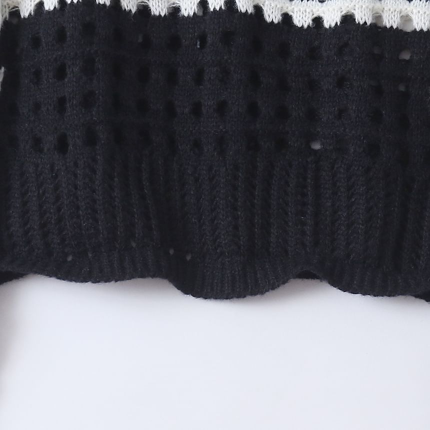 Wavy Striped Pointelle Crew Neck Sweater
