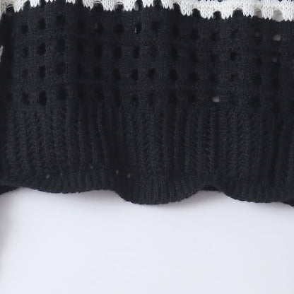Wavy Striped Pointelle Crew Neck Sweater