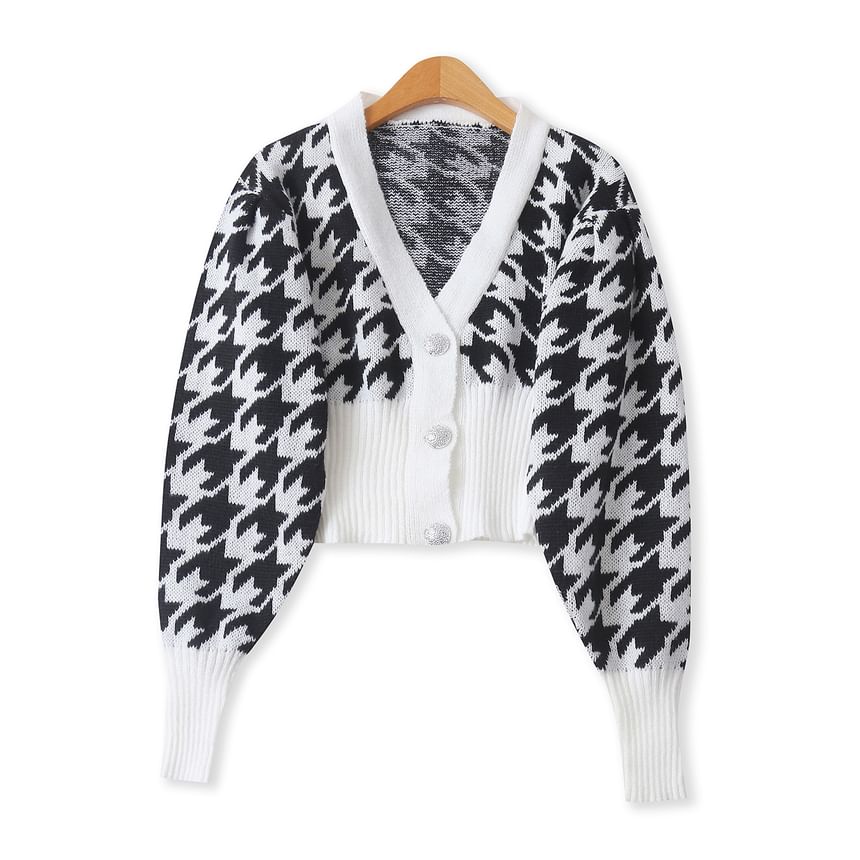 V-Neck Houndstooth Cropped Cardigan