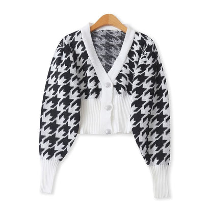 V-Neck Houndstooth Cropped Cardigan