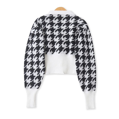 V-Neck Houndstooth Cropped Cardigan