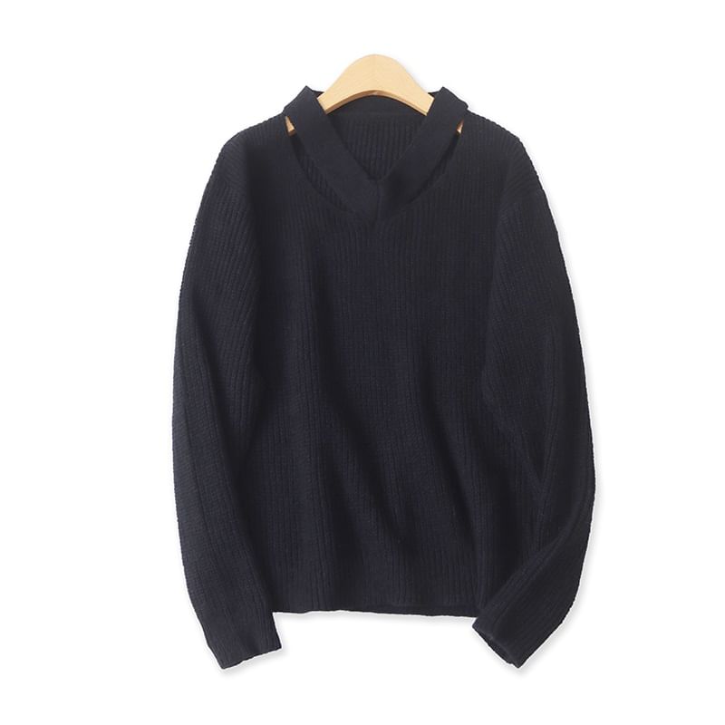 Ribbed V-Neck Solid Knit Sweater