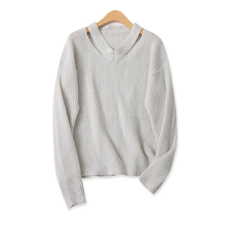 Ribbed V-Neck Solid Knit Sweater