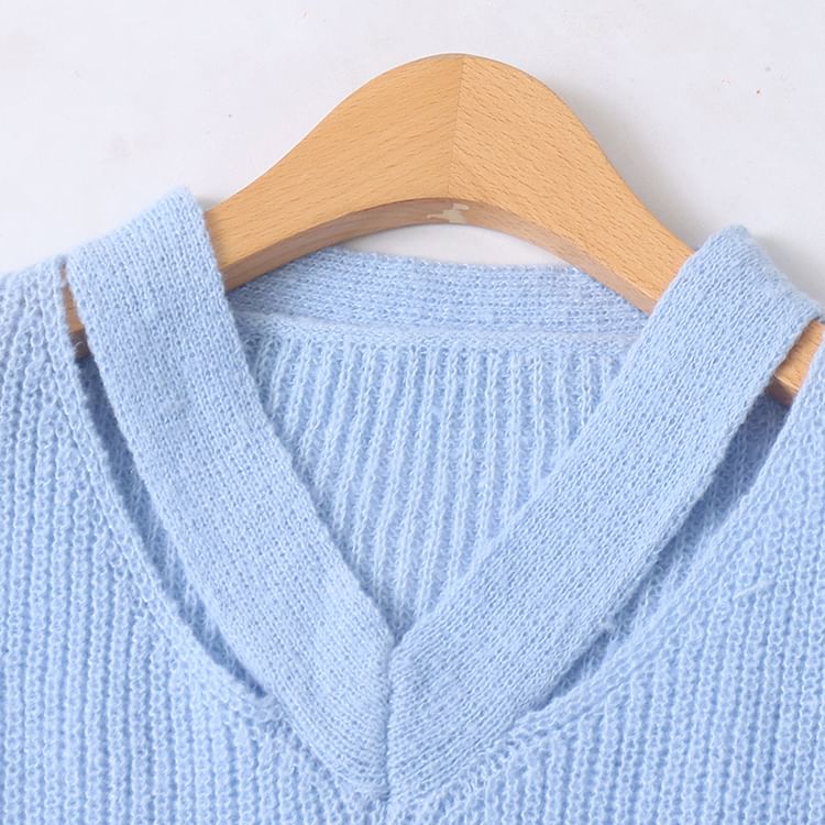 Ribbed V-Neck Solid Knit Sweater