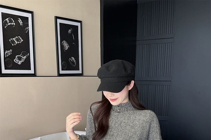 Buttoned Wide-Sleeve Mock Neck Sweater