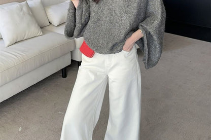 Buttoned Wide-Sleeve Mock Neck Sweater