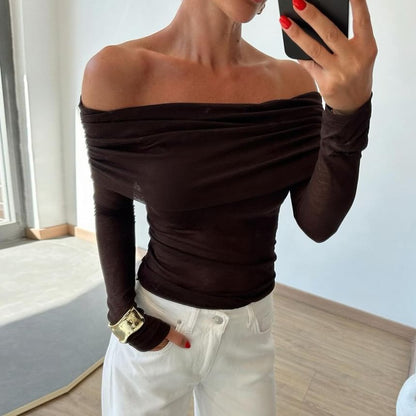 Ruched Long-Sleeve Off-Shoulder Tee