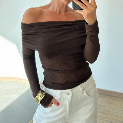 Ruched Long-Sleeve Off-Shoulder Tee