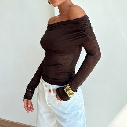 Ruched Long-Sleeve Off-Shoulder Tee