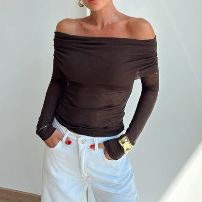 Ruched Long-Sleeve Off-Shoulder Tee