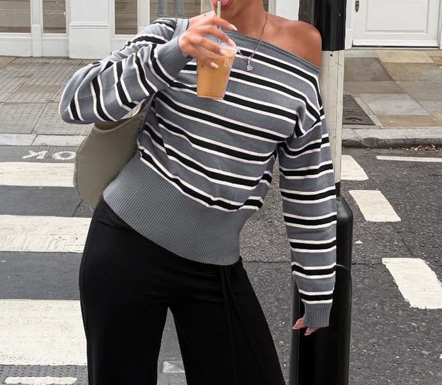 Striped Off-Shoulder Knit Pullover