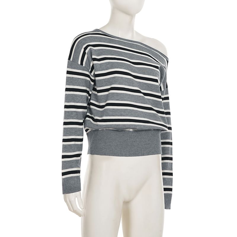Striped Off-Shoulder Knit Pullover