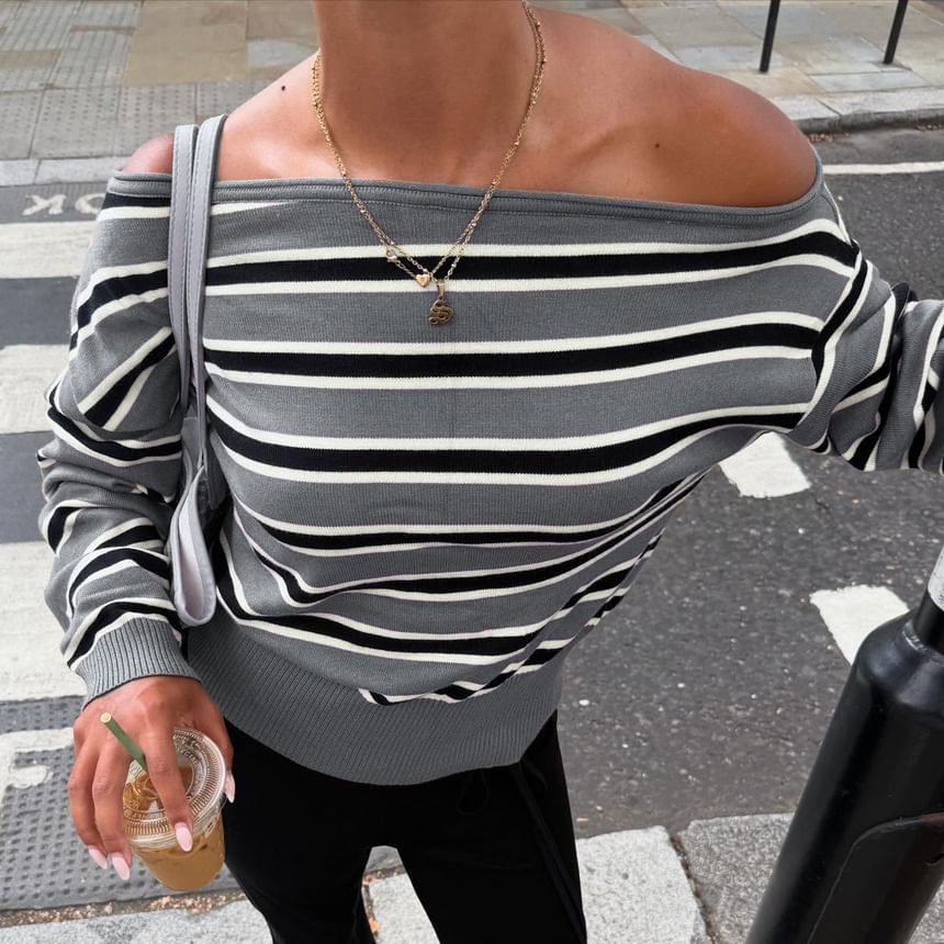 Striped Off-Shoulder Knit Pullover