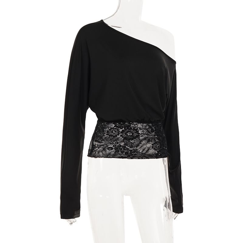 One-Shoulder Lace Panel Cropped Tee