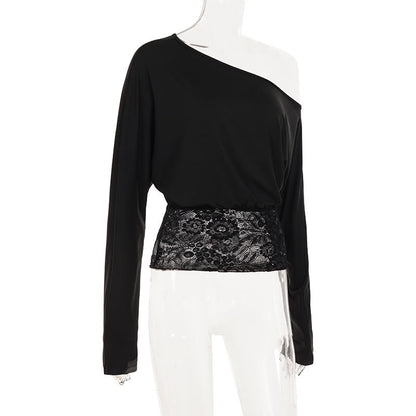 One-Shoulder Lace Panel Cropped Tee