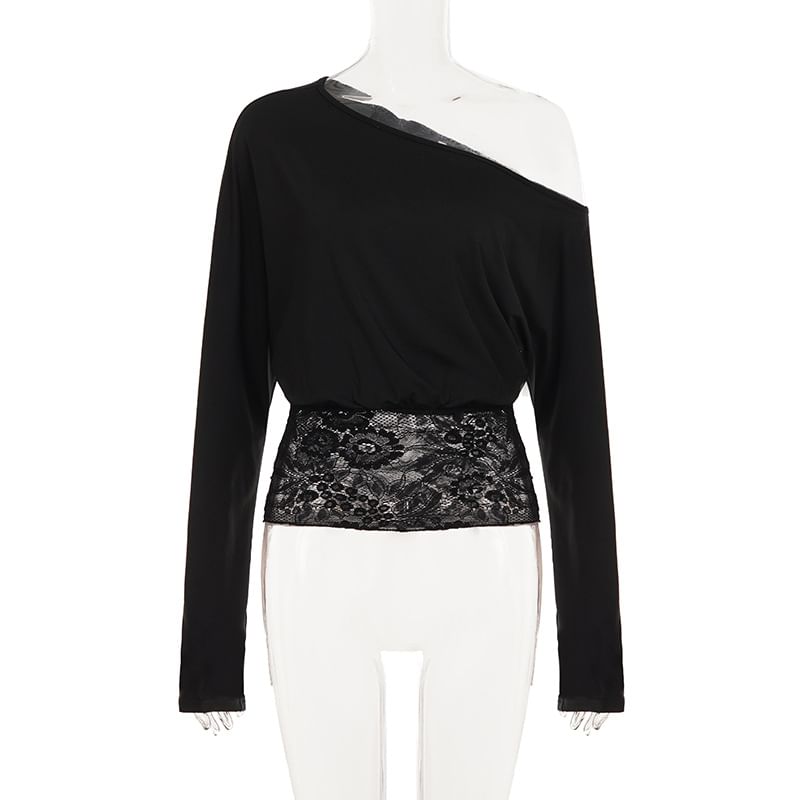 One-Shoulder Lace Panel Cropped Tee