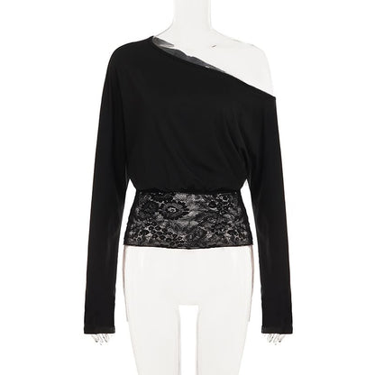 One-Shoulder Lace Panel Cropped Tee
