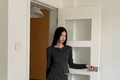 Round Neck Plain Cardigan / Mid Rise Asymmetrical Mini A-Line Skirt