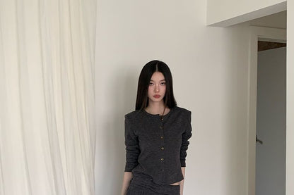 Round Neck Plain Cardigan / Mid Rise Asymmetrical Mini A-Line Skirt