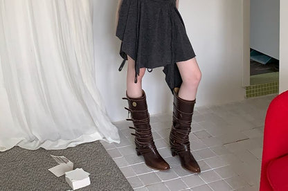 Round Neck Plain Cardigan / Mid Rise Asymmetrical Mini A-Line Skirt