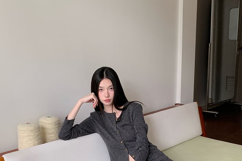 Round Neck Plain Cardigan / Mid Rise Asymmetrical Mini A-Line Skirt
