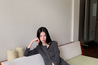 Round Neck Plain Cardigan / Mid Rise Asymmetrical Mini A-Line Skirt