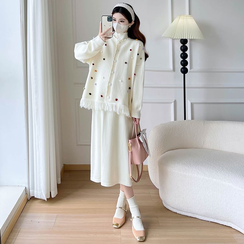 Maternity Dotted Cardigan / Long-Sleeve Plain Midi Dress