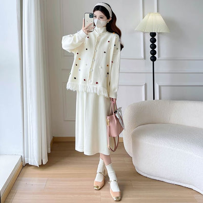Maternity Dotted Cardigan / Long-Sleeve Plain Midi Dress