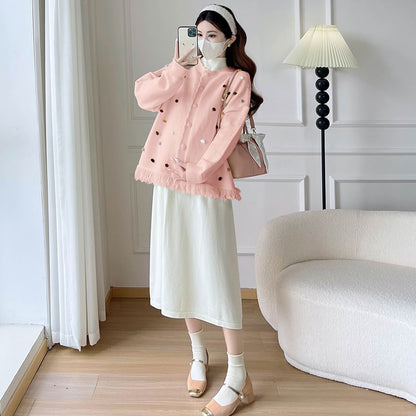 Maternity Dotted Cardigan / Long-Sleeve Plain Midi Dress