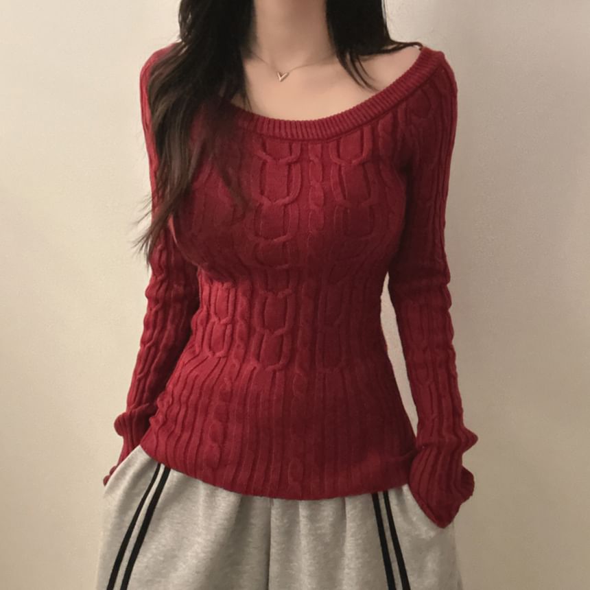 Boat-Neck Cable-Knit Slim-Fit Top