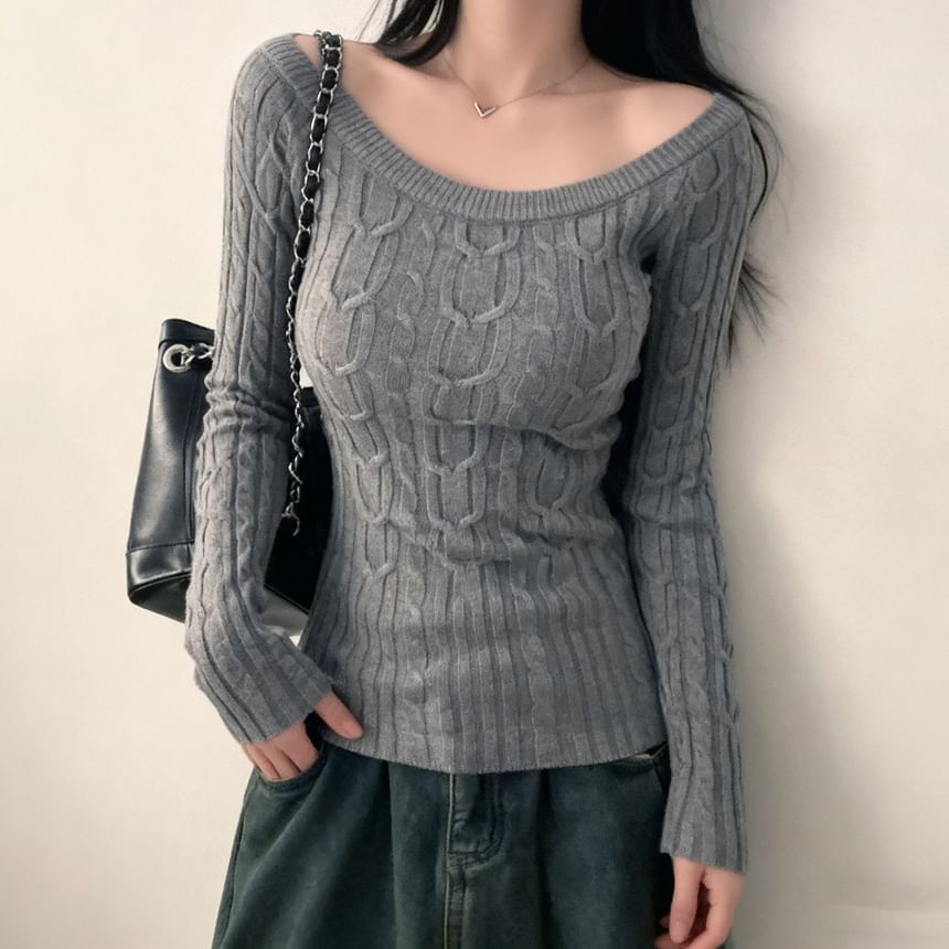 Boat-Neck Cable-Knit Slim-Fit Top