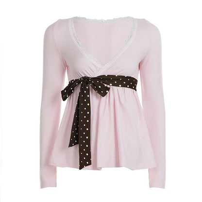 Extended Sleeve V-Neck Lace Trim Dotted Panel Tie Waist A-Line Top