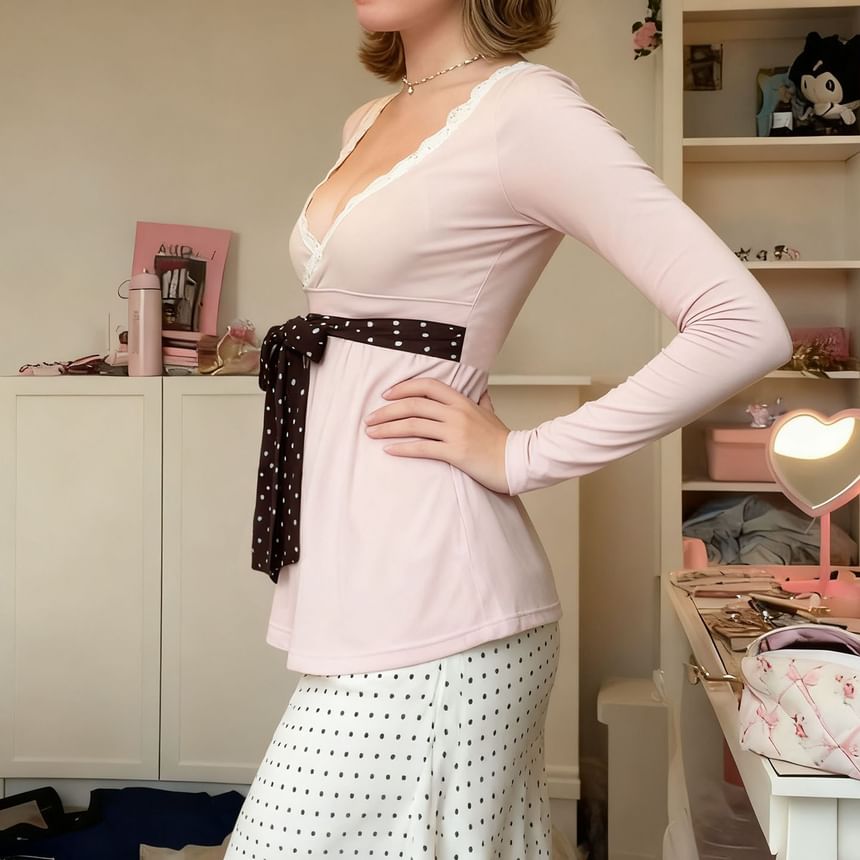 Extended Sleeve V-Neck Lace Trim Dotted Panel Tie Waist A-Line Top