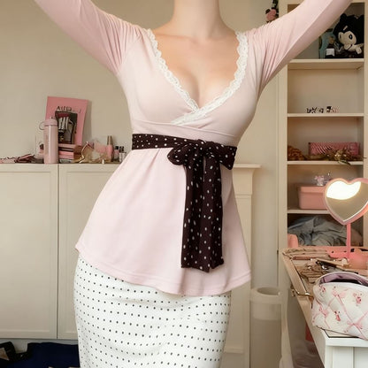 Extended Sleeve V-Neck Lace Trim Dotted Panel Tie Waist A-Line Top