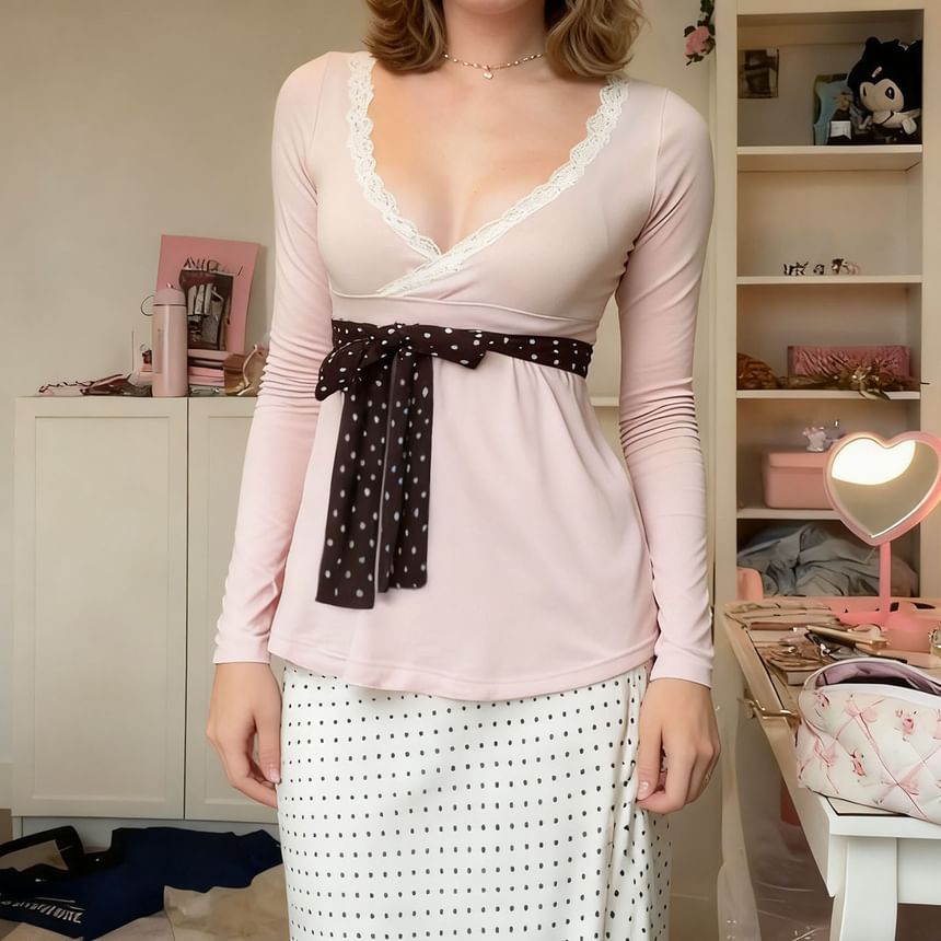 Extended Sleeve V-Neck Lace Trim Dotted Panel Tie Waist A-Line Top