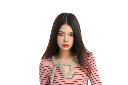 Cutout Striped Long-Sleeve Knit Top