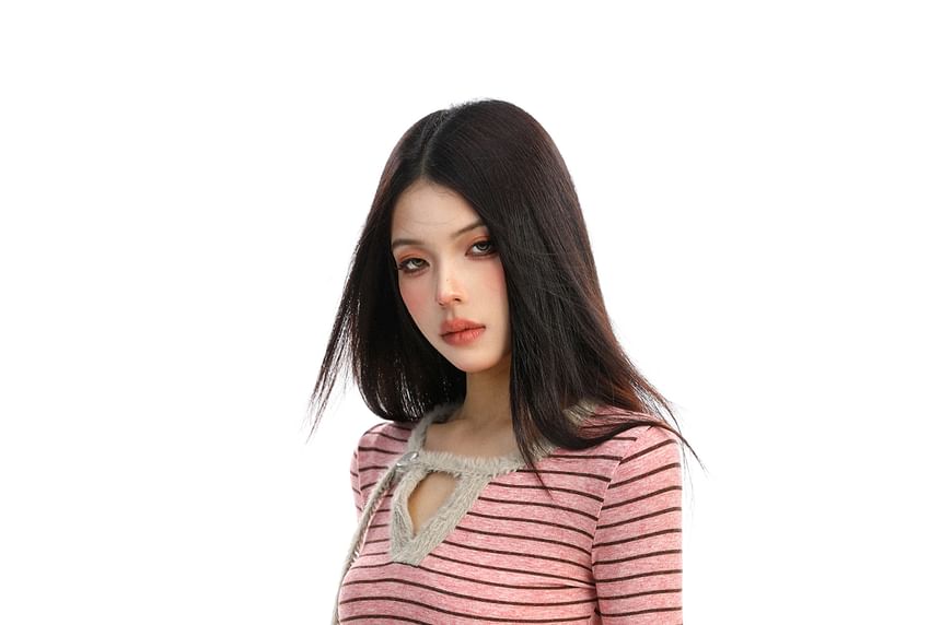 Cutout Striped Long-Sleeve Knit Top