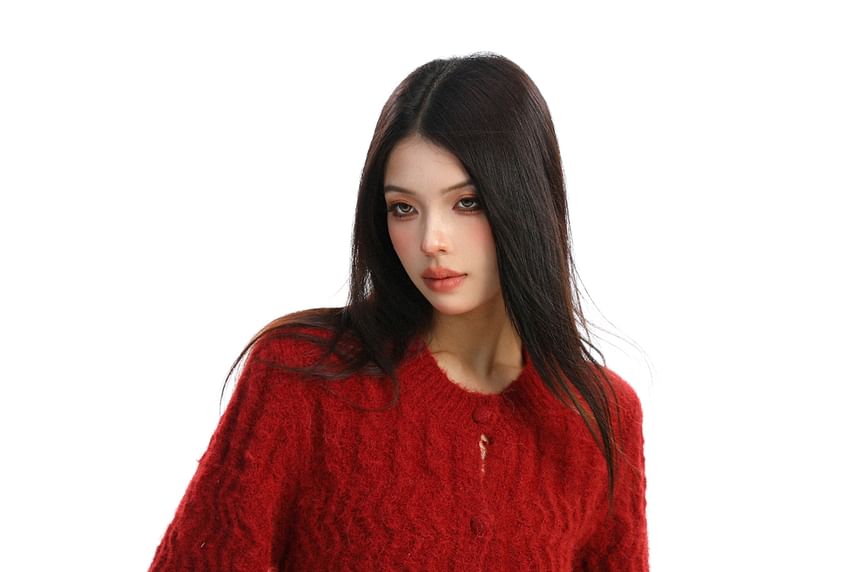 Crewneck Plain Button-Up Cardigan