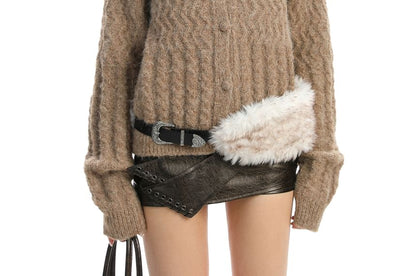 Crewneck Plain Button-Up Cardigan