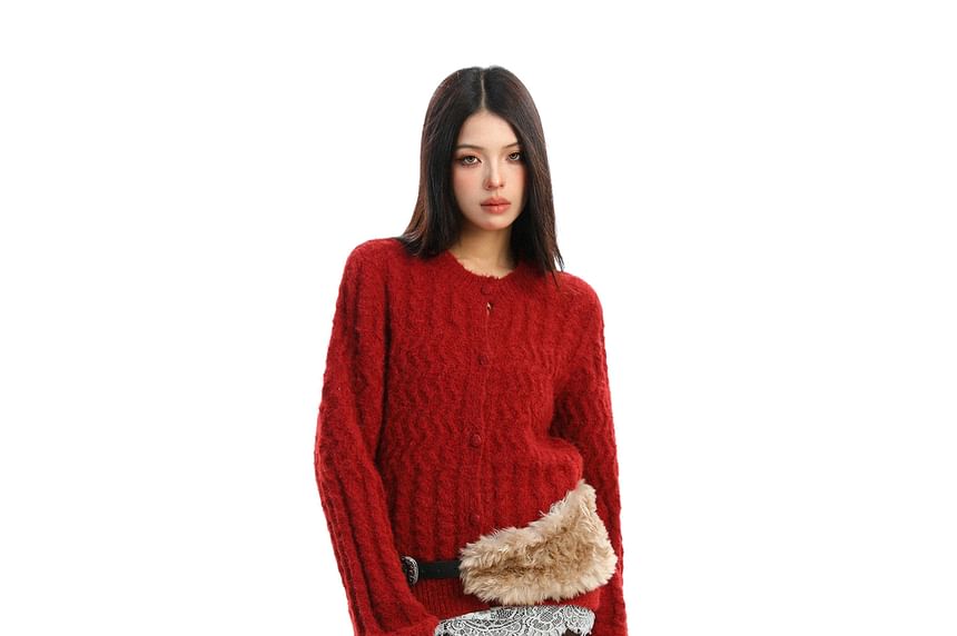 Crewneck Plain Button-Up Cardigan