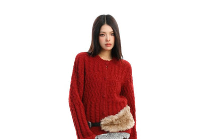 Crewneck Plain Button-Up Cardigan