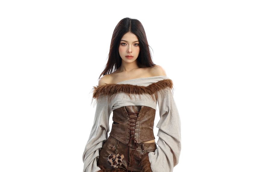 Off-Shoulder Corset Top with Faux Leather Pants