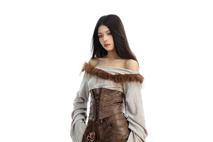 Off-Shoulder Corset Top with Faux Leather Pants