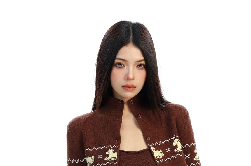 Mock Neck Cardigan with Camisole Two-Piece Set