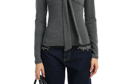 V-Neck Striped Long Sleeve Top