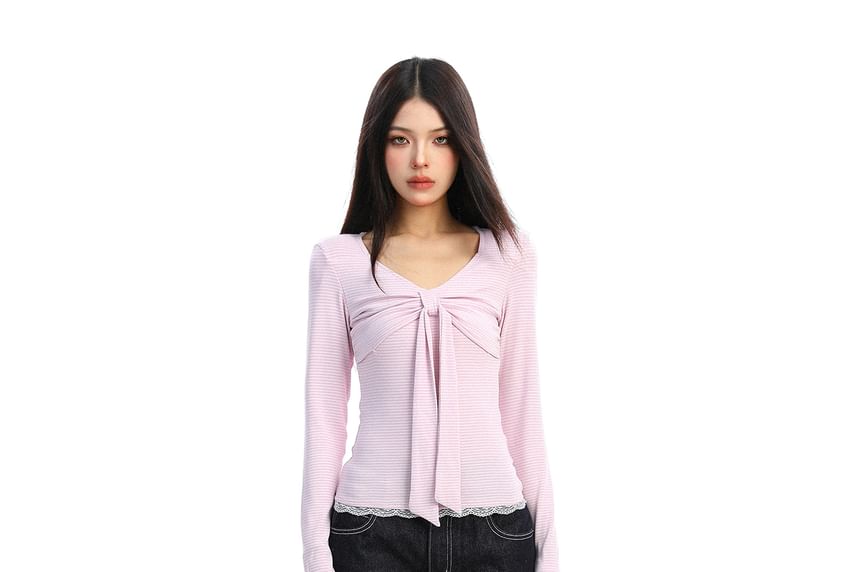 V-Neck Striped Long Sleeve Top